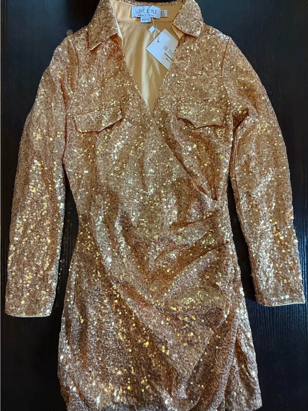 In The Style Petite Gold Sequin Long Sleeve Mini Dress – Size US 0 / UK 4 – NWT